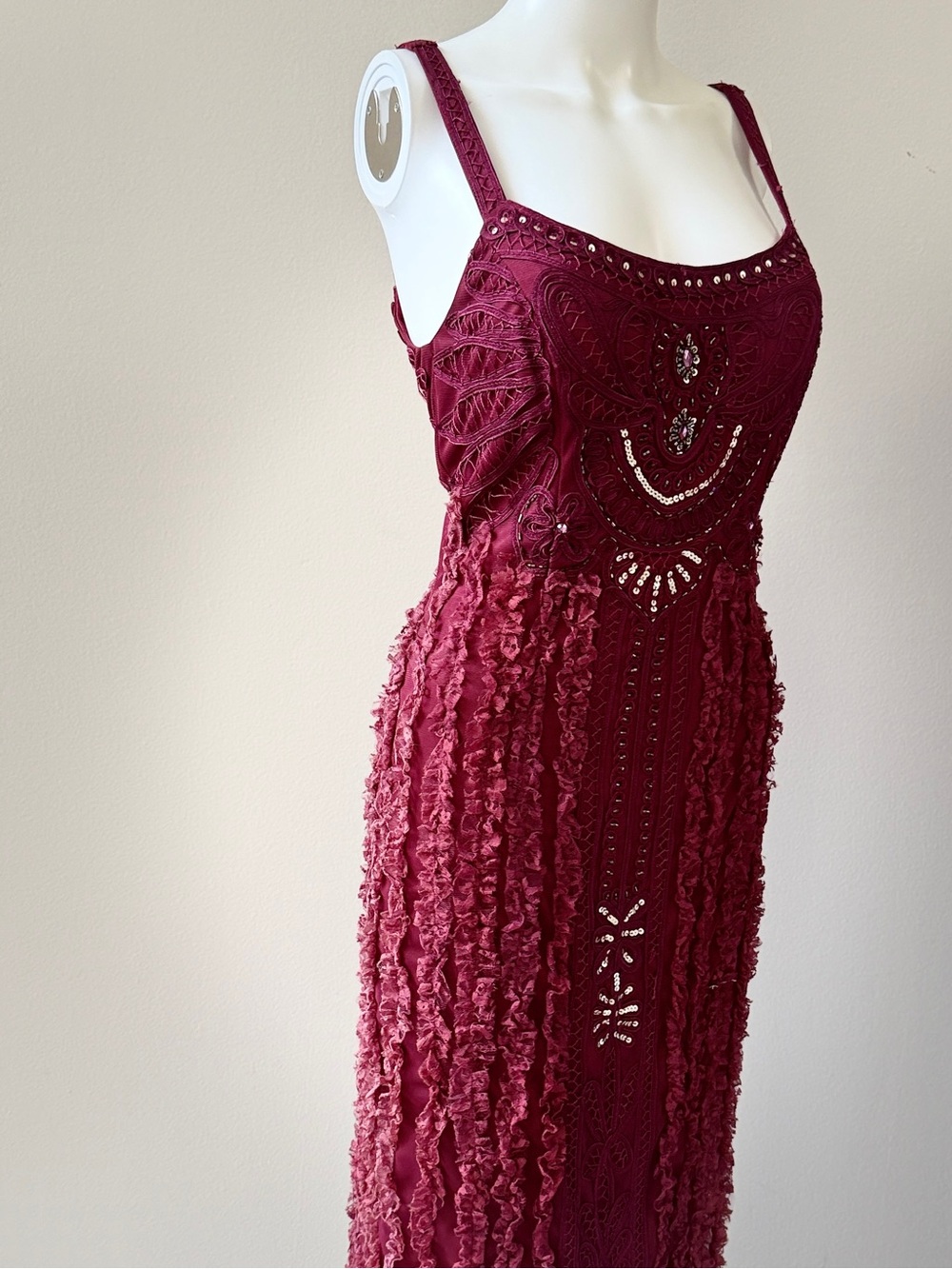 Sue Wong Burgundy Crochet & Beaded Midi Dress - Picture 7 of 15